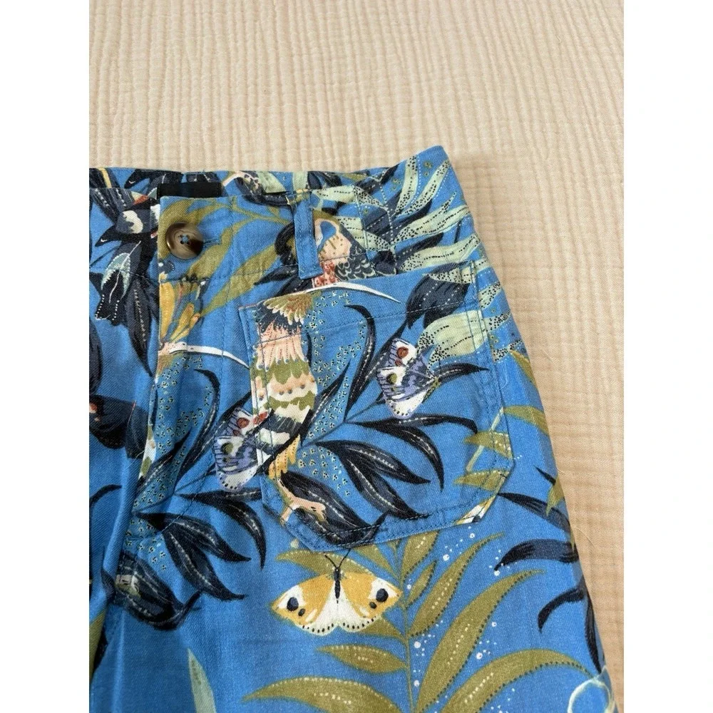 Anthropologie Maeve‎ Colette Pants Wide-Leg Linen Blue Tropical Print Size 4P